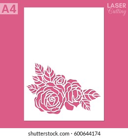 Paper greeting card with lace corner, pattern of roses. Cut out template for cutting. Suitable for laser cutting.