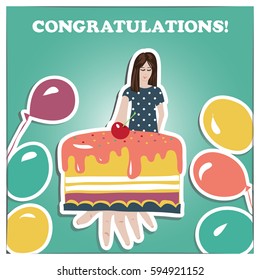Paper greeting card. Modest girl giving a birthday cake and balloons. Vector illustration