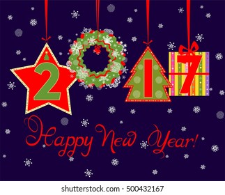 Paper greeting for New Year 2017 with hanging numbers, wreath, xmas tree and gift box