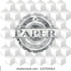 Paper grey badge with geometric cube white background