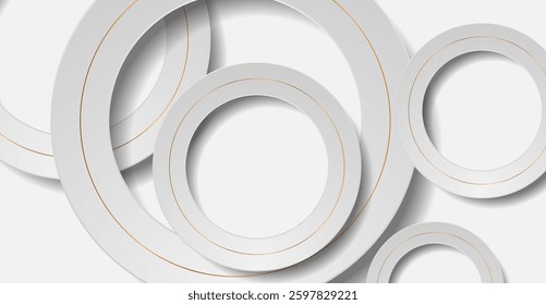 Paper grey layered 3d circles with golden lines abstract concept geometric background. Vector graphic design