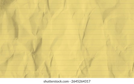 Paper grid crumpled texture - vintage notebook page with horizontal lines and wrinkled surface. Aged stationery background with creases and folds for retro writing designs, school document templates.