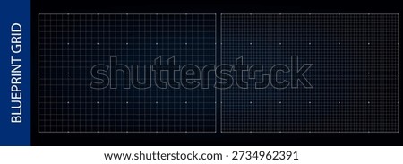 Paper grid overlay for drawing, black blueprint scanning template. Graph print for digital HUD of points and square vector elements. Architectural data, diagram measurement in millimeters, cut game bg