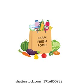 Paper grocery bag with farm fresh food icon or sign, flat vector illustration isolated on white background. Healthy ecological farmers production retail market symbol.