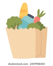 Paper grocery bag in flat design. Shopping package with food products. Vector illustration isolated.
