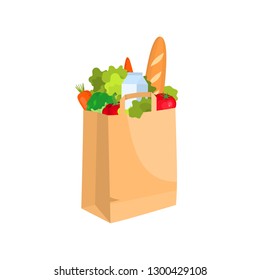 Paper grocery bag with healthy food, vegetables and baguette. Vector