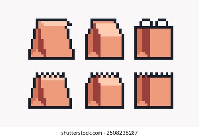 Paper grocery bag pixel art set. Lunch bag collection. Reusable delivery box 8 bit. Game development, mobile app. Isolated vector illustration. 