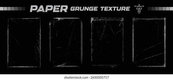Conjunto de molduras de textura grunge de papel. Dark vintage borda sobreposição fundos para design de pôster, efeito retro, borda de foto velha, arte de superfície de arranhão.
