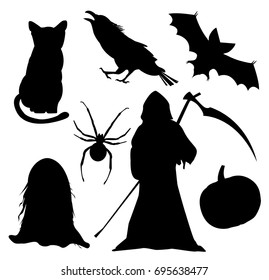 Paper haloween design with shadow. Realistic silhouette. Dark creatures: death, cat, bat, spider, crow, raven, pumkin, ghost. Vector collection illustration. EPS 10. Easy to place on your picture. 