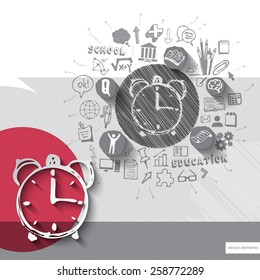 Paper and hand drawn alarm clock emblem with icons background. Vector illustration