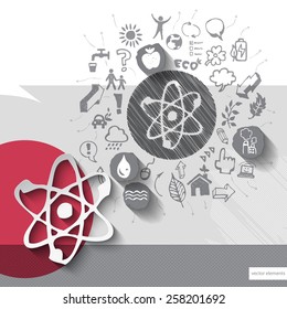 Paper and hand drawn atom emblem with icons background. Vector illustration