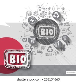 Paper and hand drawn bio emblem with icons background. Vector illustration