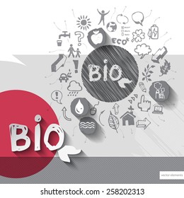 Paper and hand drawn bio emblem with icons background. Vector illustration