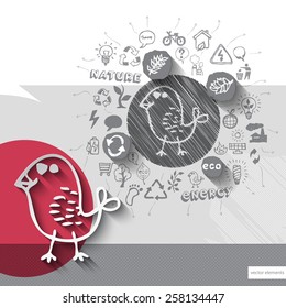 Paper and hand drawn bird emblem with icons background. Vector illustration