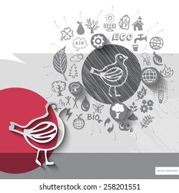 Paper and hand drawn bird emblem with icons background. Vector illustration