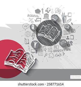 Paper and hand drawn book emblem with icons background. Vector illustration