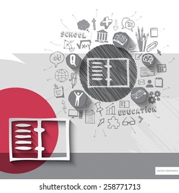 Paper and hand drawn book emblem with icons background. Vector illustration