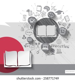 Paper and hand drawn book emblem with icons background. Vector illustration
