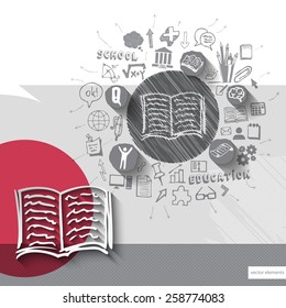 Paper and hand drawn book emblem with icons background. Vector illustration
