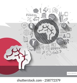 Paper and hand drawn brain emblem with icons background. Vector illustration