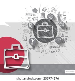Paper and hand drawn case emblem with icons background. Vector illustration