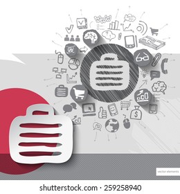 Paper and hand drawn case emblem with icons background. Vector illustration