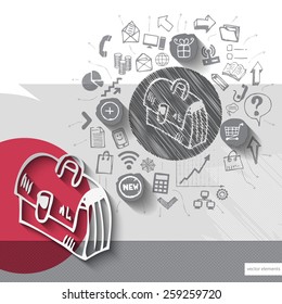Paper and hand drawn case emblem with icons background. Vector illustration