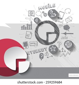 Paper and hand drawn chart emblem with icons background. Vector illustration