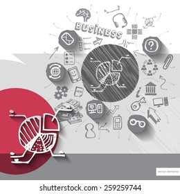 Paper and hand drawn chart emblem with icons background. Vector illustration