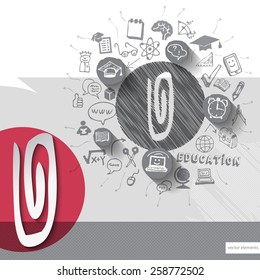 Paper and hand drawn clip emblem with icons background. Vector illustration