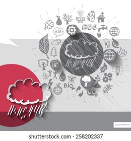Paper and hand drawn cloud emblem with icons background. Vector illustration