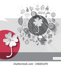 Paper and hand drawn clover emblem with icons background. Vector illustration