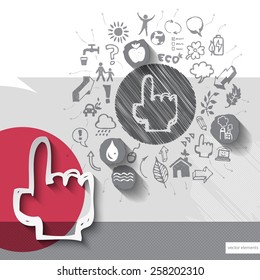 Paper and hand drawn hand cursor emblem with icons background. Vector illustration