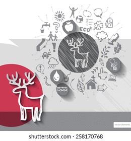 Paper and hand drawn deer emblem with icons background. Vector illustration
