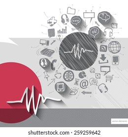Paper and hand drawn diagram emblem with icons background. Vector illustration