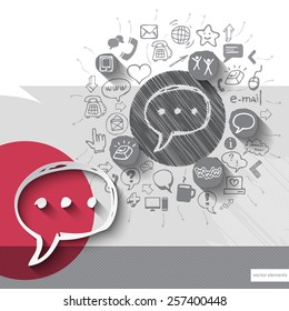 Paper and hand drawn dialog emblem with icons background. Vector illustration