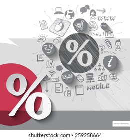 Paper and hand drawn discount emblem with icons background. Vector illustration