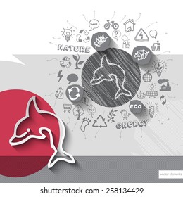 Paper and hand drawn dolphin emblem with icons background. Vector illustration
