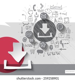 Paper and hand drawn download emblem with icons background. Vector illustration