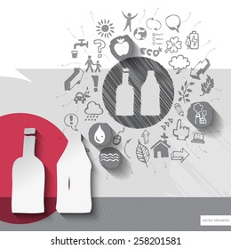 Paper and hand drawn drinks emblem with icons background. Vector illustration
