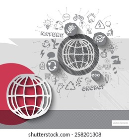 Paper and hand drawn earth globe emblem with icons background. Vector illustration