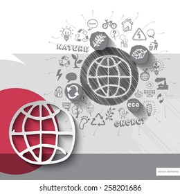 Paper and hand drawn earth globe emblem with icons background. Vector illustration