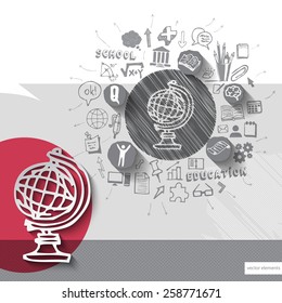 Paper and hand drawn earth globe emblem with icons background. Vector illustration