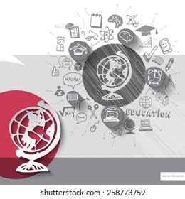 Paper and hand drawn earth globe emblem with icons background. Vector illustration