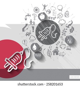 Paper and hand drawn electricity emblem with icons background. Vector illustration