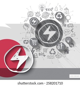 Paper and hand drawn electricity emblem with icons background. Vector illustration