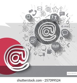 Paper and hand drawn email emblem with icons background. Vector illustration