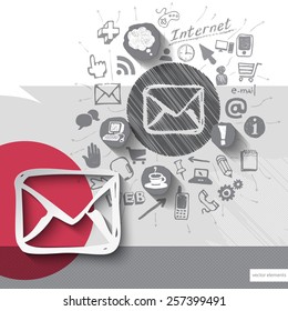 Paper and hand drawn envelope emblem with icons background. Vector illustration