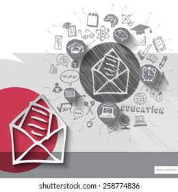Paper and hand drawn envelope emblem with icons background. Vector illustration