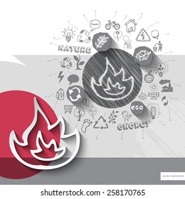 Paper and hand drawn fire emblem with icons background. Vector illustration